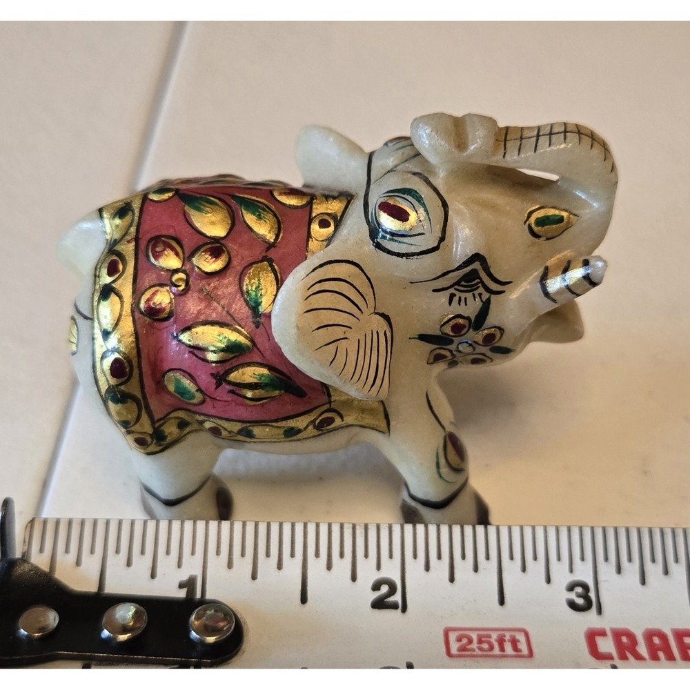 Marble Elephant Figurine Hand Painted Carved Indian Art‎ Trunk Up Pink Gold - Picture 6 of 7